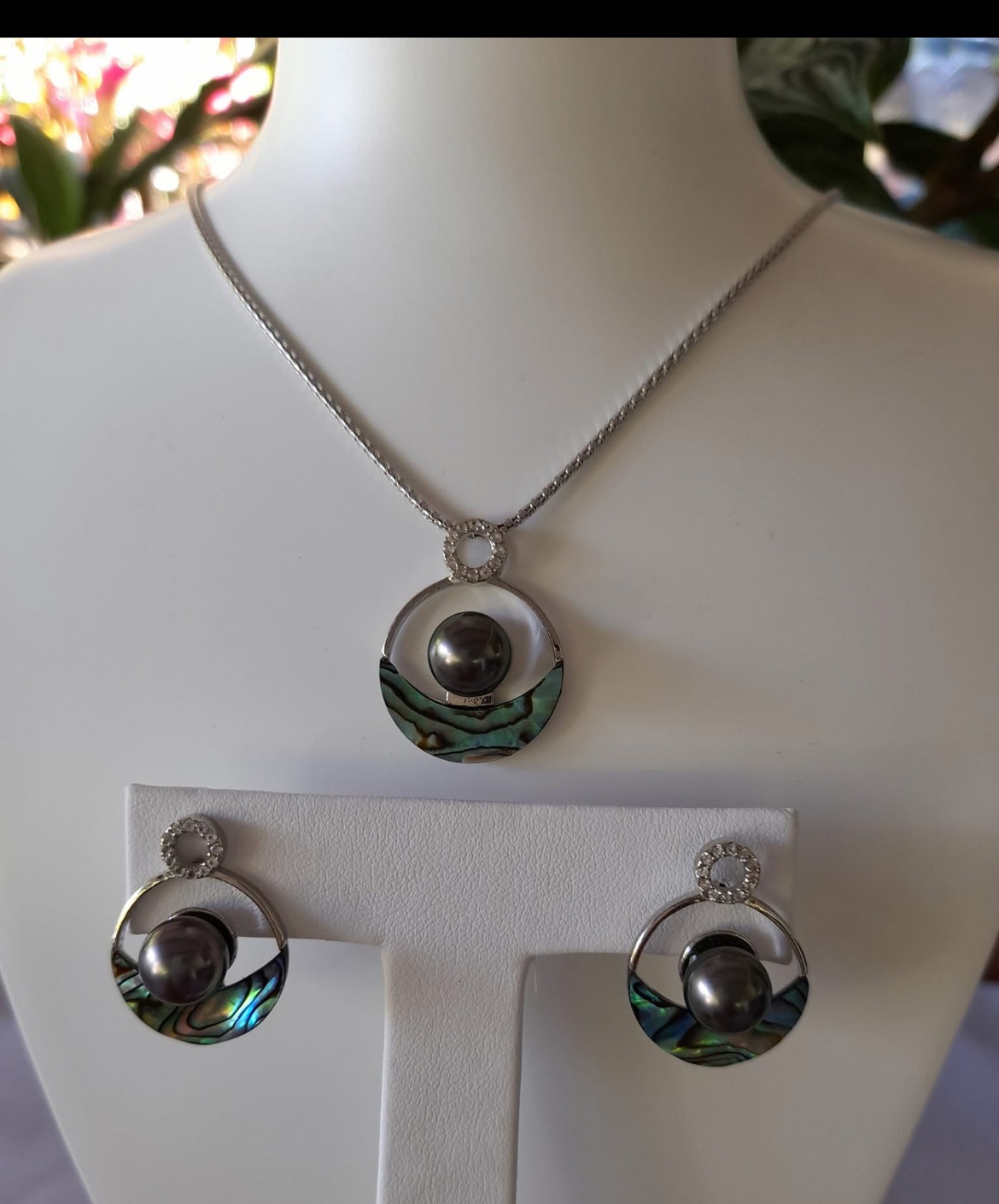 Parure pendentif et boucles d'oreilles argent rhodié, nacre et perle de Tahiti, KEANA Perles